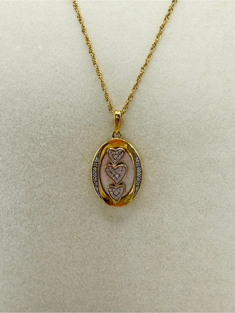 Danbury Mint 14K Gold Plated Diamond & Mother of Pearl Engraved Heart Pendant